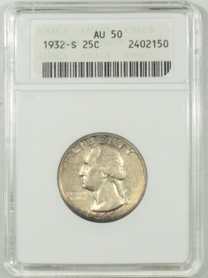 U.S. Certified Coins 1932-S WASHINGTON QUARTER – ANACS AU-50 OLD WHITE HOLDER