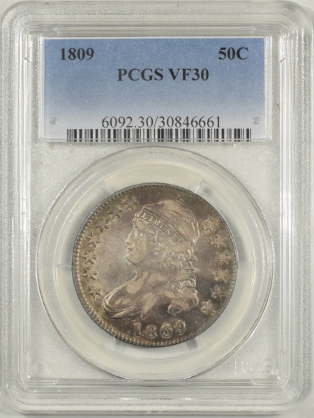 New Certified Coins 1809 CAPPED BUST HALF DOLLAR PCGS VF-30, PLEASING!