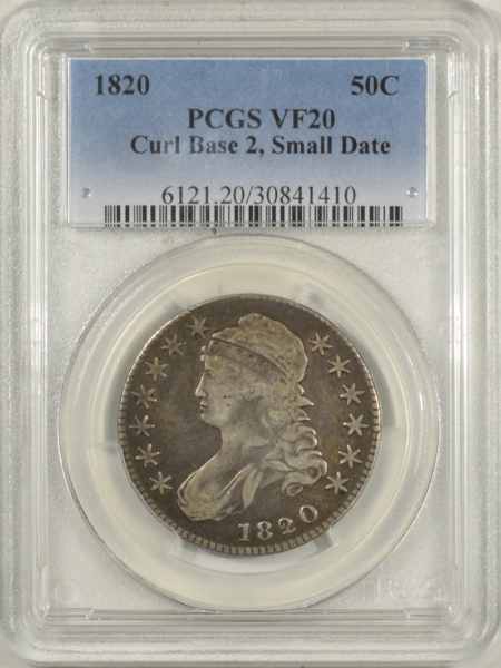 New Certified Coins 1820 CAPPED BUST HALF DOLLAR CURL BASE 2, SMALL DATE PCGS VF-20, PLEASING