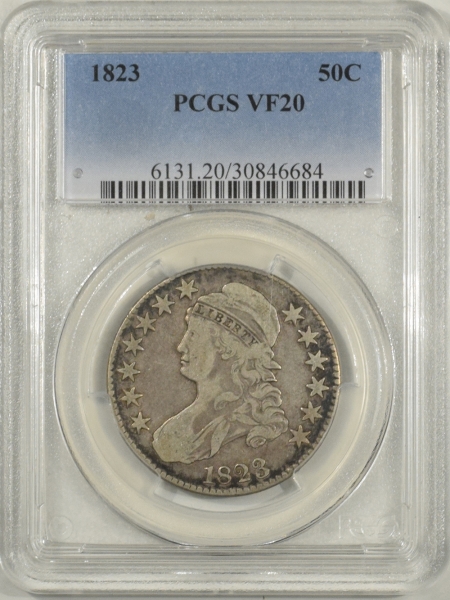 New Certified Coins 1823 CAPPED BUST HALF DOLLAR PCGS VF-20, PLEASING ORIGINAL