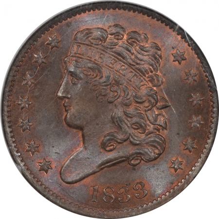 New Certified Coins 1833 CLASSIC HEAD HALF CENT C-1 NGC MS65*RB, CAC APPROVED!