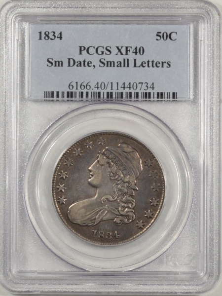 New Certified Coins 1834 CAPPED BUST HALF DOLLAR, SMALL DATE, SMALL LETTERS, PCGS XF-40