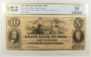 Obsolete Notes 1850s-60s $10 STATE BANK OF OHIO MARIETTA BRANCH HAXBY#OH-5-G900 PCGS VF-25 RUST