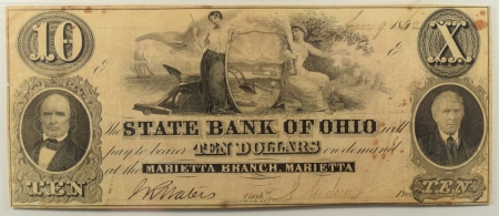 U.S. Currency 1850s-60s $10 STATE BANK OF OHIO MARIETTA BRANCH HAXBY#OH-5-G900 PCGS VF-25 RUST