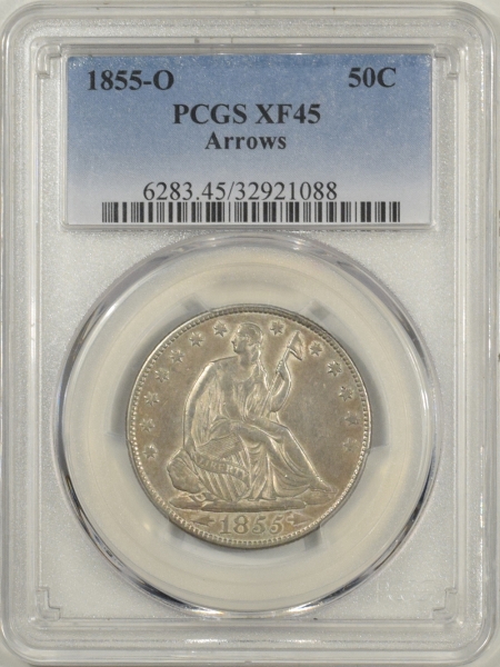 New Certified Coins 1855-O LIBERTY SEATED HALF DOLLAR – ARROWS, PCGS XF-45, LOOKS AU!