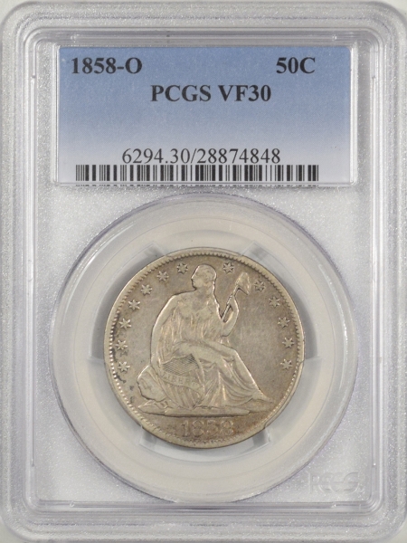 New Certified Coins 1858-O LIBERTY SEATED HALF DOLLAR PCGS VF-30