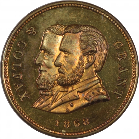 Coin World/Numismatic News Featured Coins 1868 GRANT & COLFAX 28 MM CAMPAIGN MEDAL DEWITT-USG-1868-23 NGC MS-65 DPL, BRASS