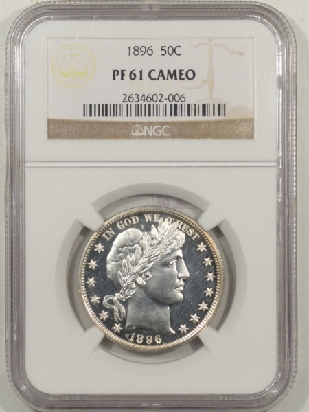 New Certified Coins 1896 PROOF BARBER HALF DOLLAR NGC PF-61 CAMEO, BLACK & WHITE, LOOKS BETTER