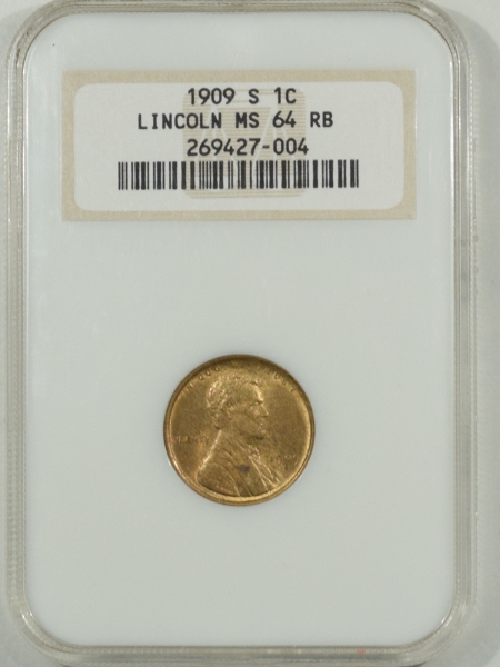 New Certified Coins 1909-S LINCOLN CENT NGC MS-64 RB, FATTY HOLDER, PREMIUM QUALITY!