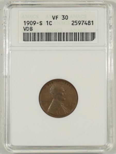 New Certified Coins 1909-S VDB LINCOLN CENT ANACS VF-30, SMALL WHITE HOLDER, PQ & LOOKS NEARLY XF