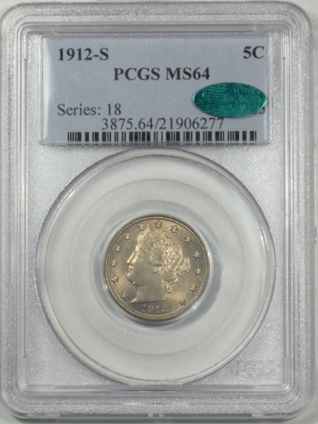 New Certified Coins 1912-S LIBERTY NICKEL PCGS MS-64, CAC APPROVED!