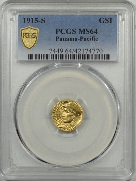 Gold 1915-S PAN-PAC $1 GOLD, PCGS MS-64, LUSTROUS & LOOKS MS-65, PQ!