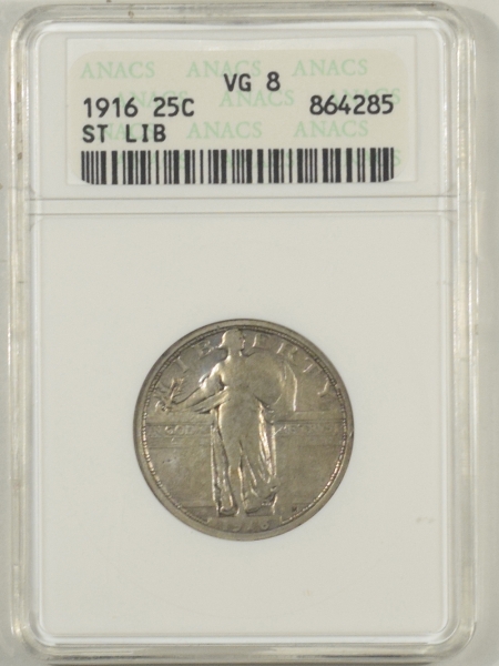 New Certified Coins 1916 STANDING LIBERTY QUARTER ANACS VG-8, NICE STRONG DATE!