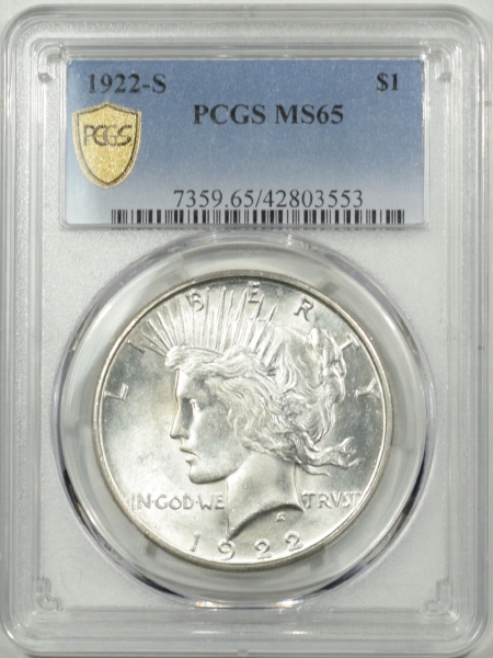 New Certified Coins 1922-S PEACE DOLLAR PCGS MS-65, BLAST WHITE & WELL STRUCK