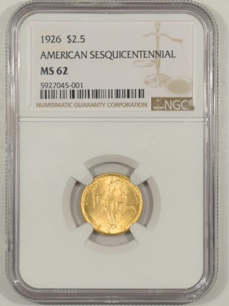 New Certified Coins 1926 $2.50 SESQUICENTENNIAL COMMEMORATIVE GOLD QUARTER EAGLE NGC MS-62, FLASHY