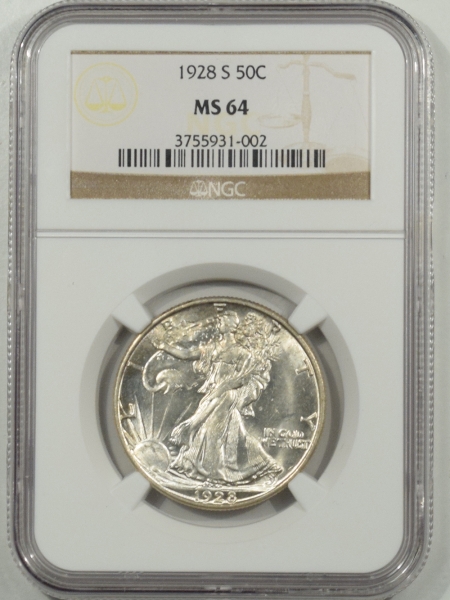 New Certified Coins 1928-S WALKING LIBERTY HALF DOLLAR NGC MS-64, BLAZING WHITE SCARCE COIN!