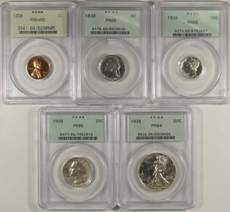 New Certified Coins 1938 5 COIN U.S. PROOF SET PCGS PR-64 RD-PR-65, MATCHED ORIGNIAL ALL OGH, PQ SET