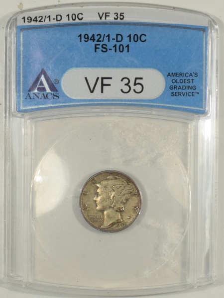New Certified Coins 1942/1-D MERCURY DIME ANACS VF-35, FS-101, NICE PLEASING CIRCULATED