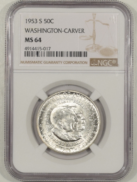 New Certified Coins 1953-S WASHINGTON-CARVER COMMEMORATIVE HALF DOLLAR NGC MS-64, BLAST WHITE