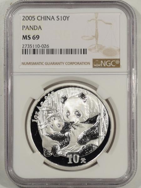 New Certified Coins 2005 CHINA 10 YUAN 1 OZ .999 SILVER PANDA, NGC MS-69