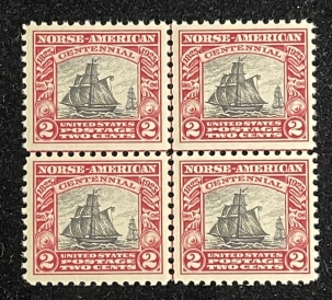 U.S. Stamps SCOTT #620 2c NORSE AMERICAN, CARMINE/BLACK, CENTERLINE BLOCK OF 4, MOG NH, VF+!