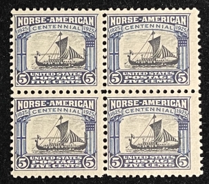 U.S. Stamps SCOTT #621 5c NORSE AMERICAN, BLUE/BLACK, BLOCK OF 4, MOG NH, abt FINE, CAT $76