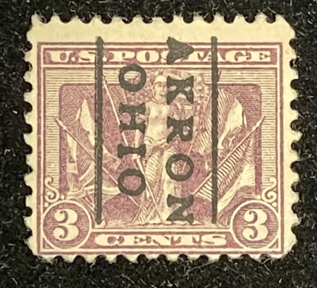 U.S. Stamps SCOTT #537b, 3c LIGHT REDDISH VIOLET, AKRON, OHIO PRECANCEL, USED, F, CAT $50