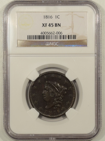 New Certified Coins 1816 CORONET HEAD LARGE CENT NGC XF-45 BN, SMOOTH & PQ!