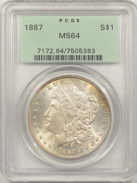 U.S. Certified Coins 1887 MORGAN DOLLAR PCGS MS-64, OGH, GORGEOUS REVERSE COLOR, PQ!