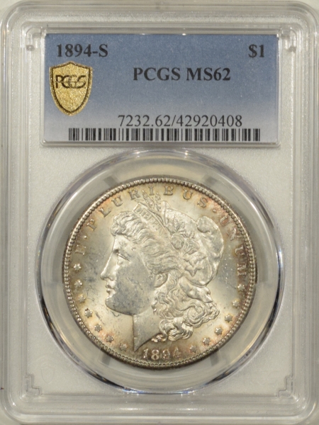 New Certified Coins 1894-S MORGAN DOLLAR PCGS MS-62, MOSTLY WHITE & PRETTY, FRESH
