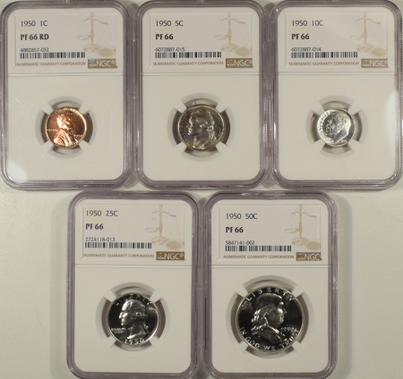 New Certified Coins 1950 5 COIN U.S. SILVER PROOF SET NGC PF-66 & 66 RD, MATCHED & VIRTUALLY WHITE!