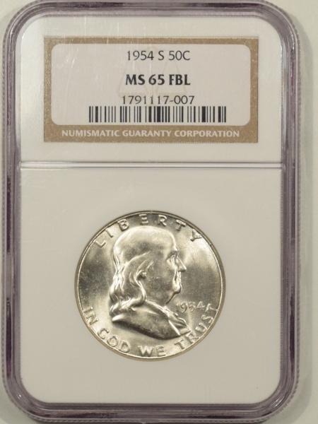 New Certified Coins 1954-S FRANKLIN HALF DOLLAR – NGC MS-65 FBL BLAST WHITE GEM!