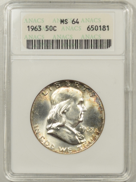 New Certified Coins 1963 FRANKLIN HALF DOLLAR – ANACS MS-64 PRETTY, PREMIUM QUALITY! OWH!