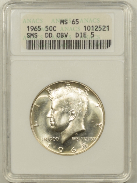New Certified Coins 1965 SMS KENNEDY HALF DOLLAR, DOUBLED DIE OBVERSE, DIE 5, ANACS MS-65 OLD HOLDER