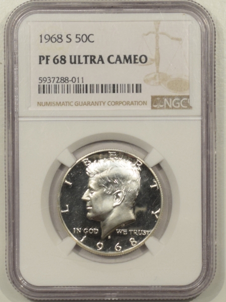 New Certified Coins 1968-S PROOF KENNEDY HALF DOLLAR – NGC PF-68 ULTRA CAMEO, BLACK & WHITE