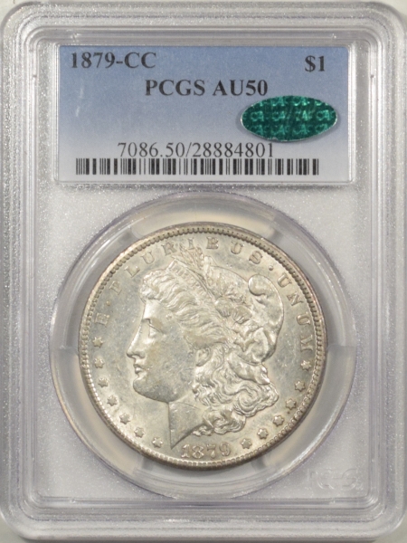 New Certified Coins 1879-CC MORGAN DOLLAR – PCGS AU-50 RARE IN CAC APPROVED!