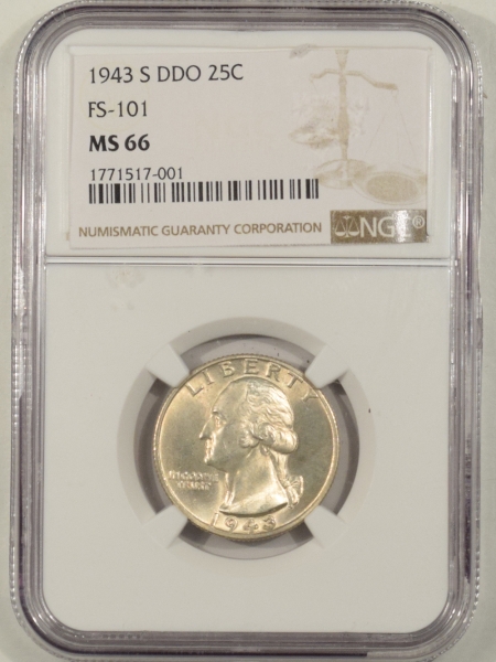U.S. Certified Coins 1943-S DDO WASHINGTON QUARTER – NGC MS-66 FRESH GEM & RARE!