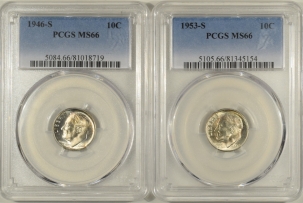 U.S. Certified Coins 1946-S & 1953-S ROOEVELT DIMES LOT OF 2 – PCGS MS-66