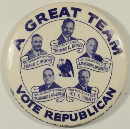 Political 1950 THOMAS DEWEY NY GUBENATIONAL 3 1/2″ CAMPAIGN BUTTON – SCARCE & NEAR MINT!