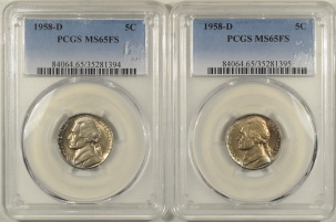 Jefferson Nickels 1958-D JEFFERSON NICKELS LOT OF 2 COINS – PCGS MS-65 FS