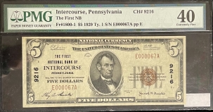 Coin World/Numismatic News Featured Coins CLASSIC 1929 TY I NAT BANK NOTE, CHTR 9216, FNB OF INTERCOURSE, PA, PMG EF-40!