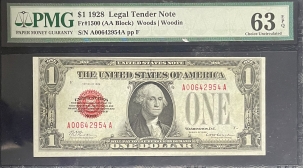 Small U.S. Notes 1928 $1 LEGAL TENDER NOTE, FR-1500, PMG CHOICE UNCIRCULATED 63 EPQ!
