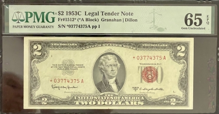 Small U.S. Notes 1953-C $2 LEGAL TENDER, FR-1512*, STAR NOTE, PMG GEM UNC-65 EPQ!