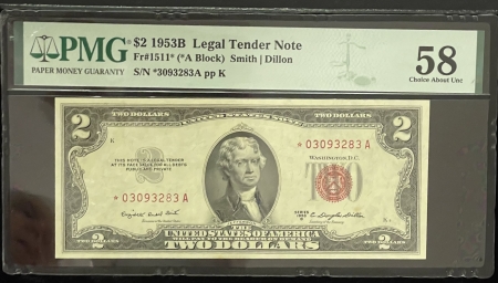 Small U.S. Notes 1953-B $2 LEGAL TENDER, FR-1511*, STAR NOTE, PMG CHOICE ALMOST UNCIRCULATED-58!