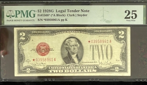 Small U.S. Notes 1928-G $2 LEGAL TENDER, FR-1508*, STAR NOTE, PMG VERY FINE 25!