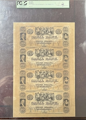 Obsolete Notes 1860s OBSOLETE BANKNOTE UNCUT SHEET OF 4, $20 CANAL BANK NEW ORLEANS PCGS NEW 62