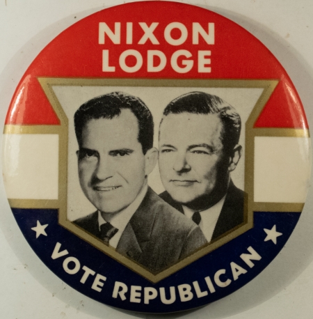 Post-1920 1960 3 1/2″ NIXON-LODGE VOTE REPUBLICAN GRAPHIC JUGATE CAMPAIGN BUTTON-NEAR MINT