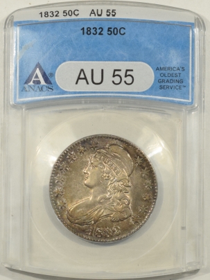 Early Halves 1832 CAPPED BUST HALF DOLLAR, SMALL LETTERS – ANACS AU-55 & PRETTY!