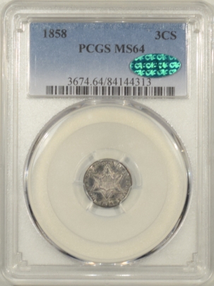 CAC Approved Coins 1858 THREE CENT SILVER PCGS MS-64 CAC, REALLY PRETTY & PQ, LOOKS GEM!