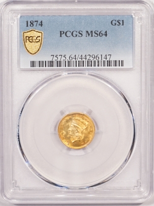 $1 1874 $1 GOLD PCGS MS-64, PREMIUM QUALITY!